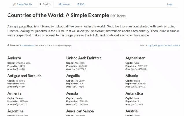 Scrape this site country sandbox page