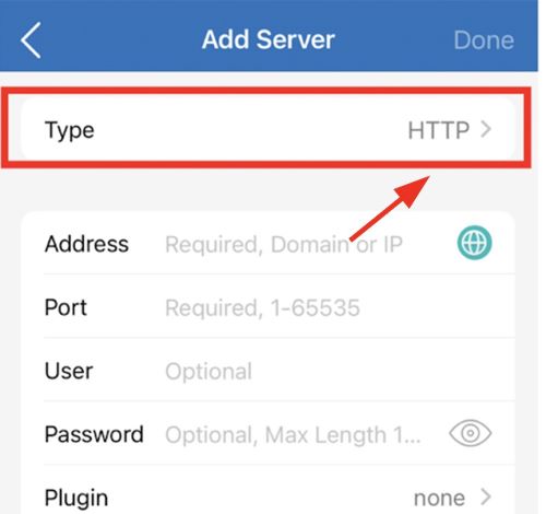 Add Server screen with HTTP type selected.