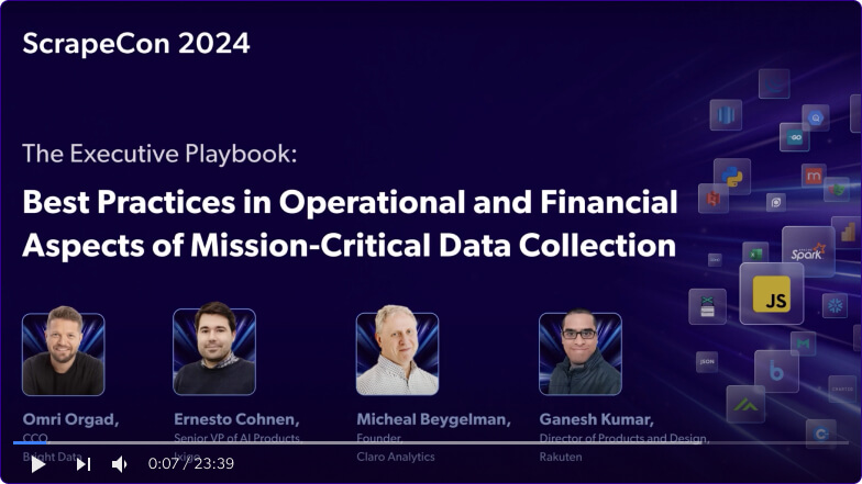 ScrapeCon 2024 event slide with speakers and session details.