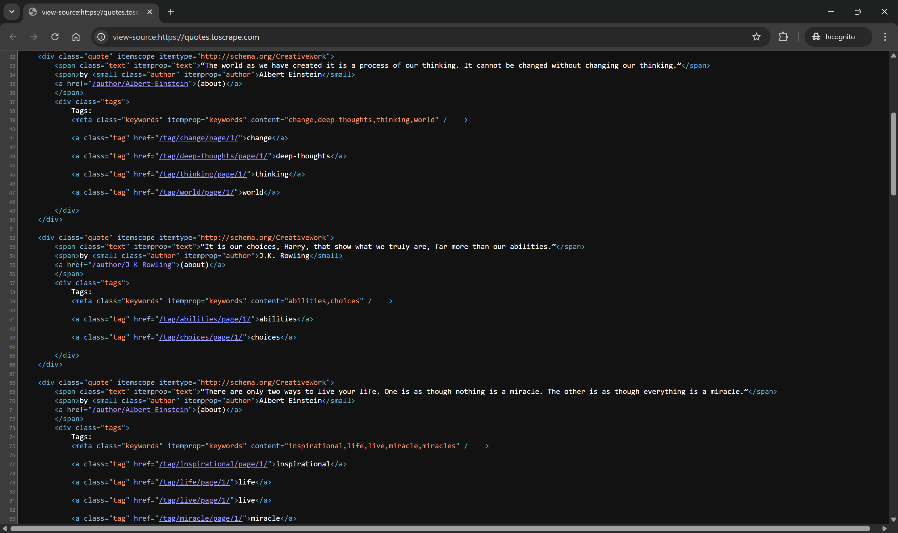 Source code of a webpage displaying quotes attributed to famous authors, including Albert Einstein and J.K. Rowling, with HTML structure showcasing their quotes, authorship, and associated tags for navigation.