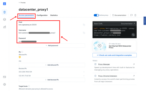 Proxy configuration details with host, username, and password information.