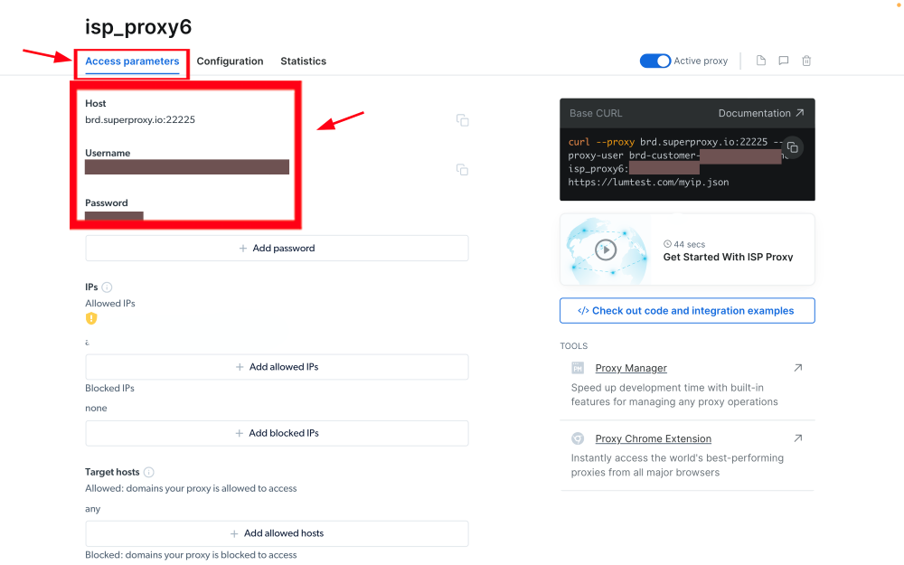 Proxy service access parameters screen with host and username.