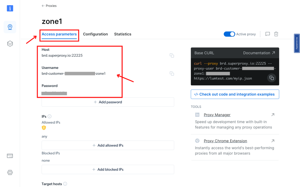Proxy settings with host, username, and password fields highlighted.