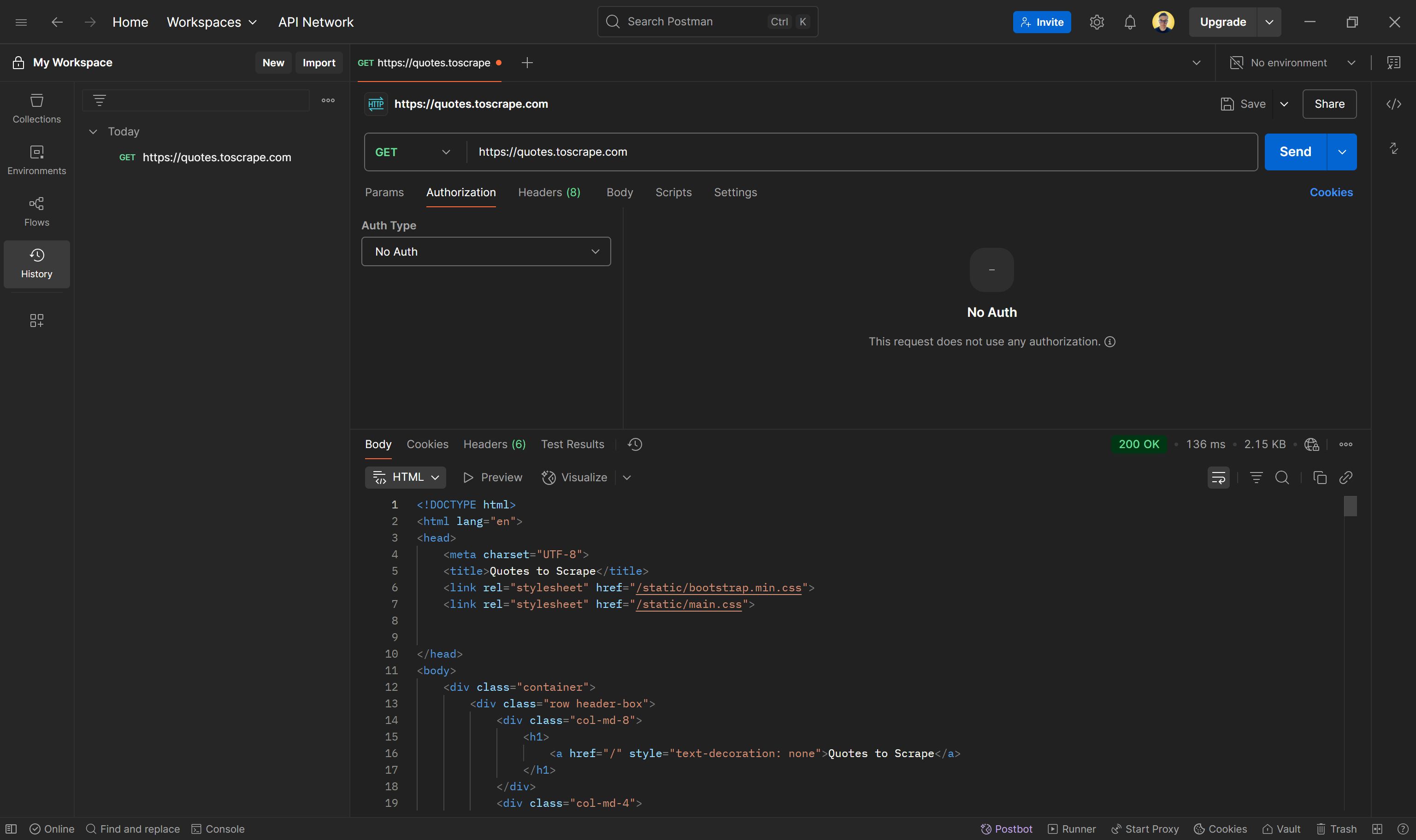 Postman interface showing a GET request to 'https://quotes.toscrape.com' with no authentication required, displaying the response body in HTML format including document structure and title 'Quotes to Scrape.'