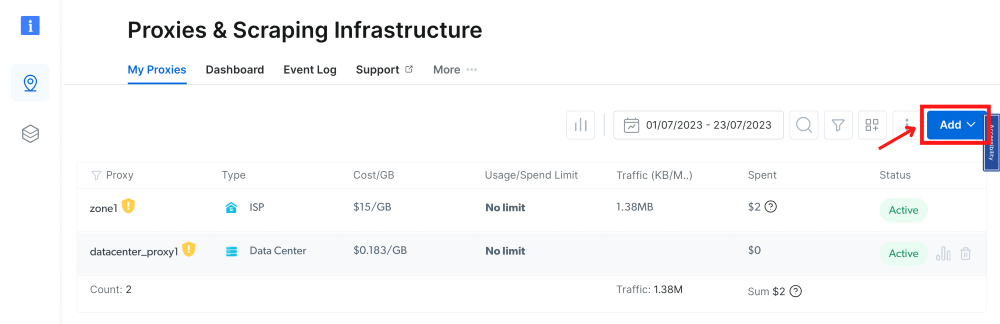Proxy management interface with active proxies and Add button.
