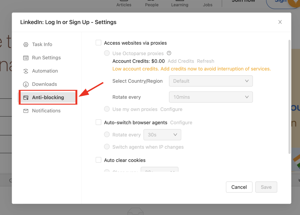 Settings page with anti-blocking options.