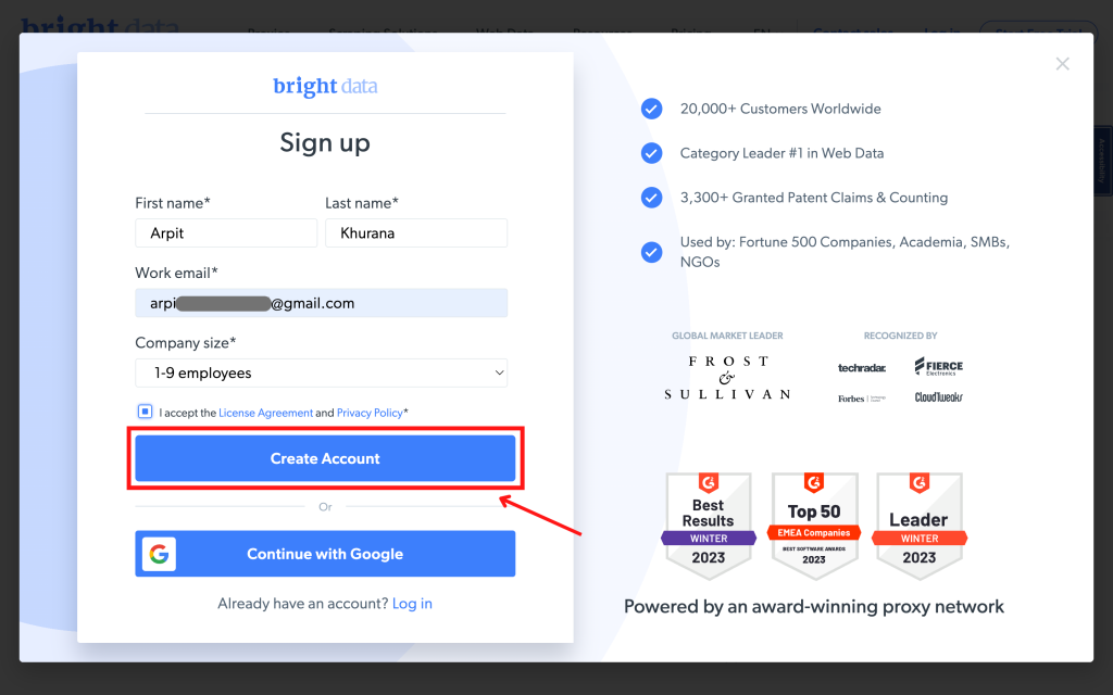Sign up form for a web data service.
