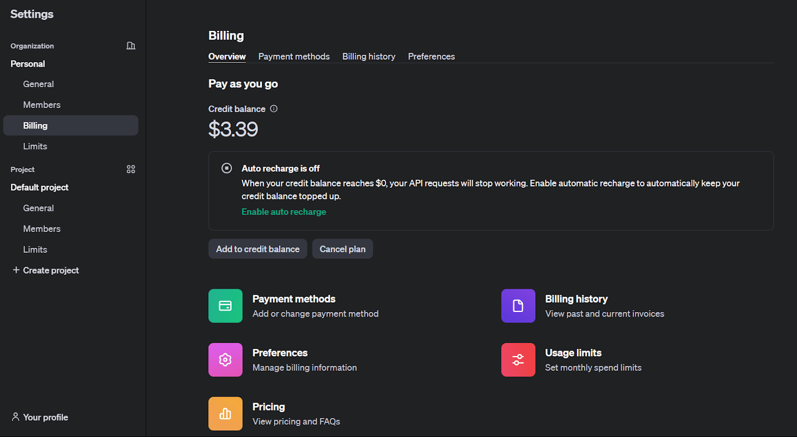 Billing settings on OpenAI