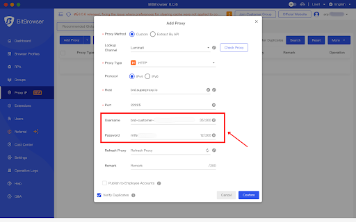 Popup window showing proxy settings with highlighted fields.