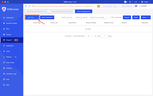 BitBrowser proxy management interface with add proxy button.