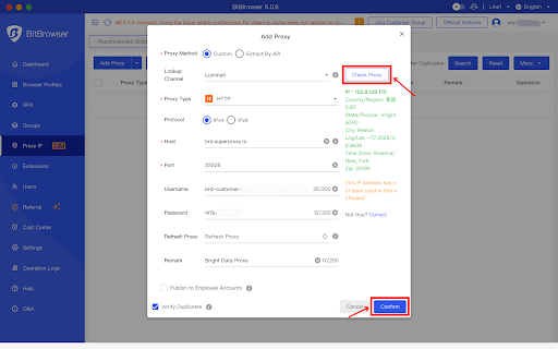 BitBrowser Add Proxy window with HTTP settings.