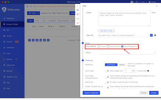 BitBrowser settings window with proxy options highlighted.