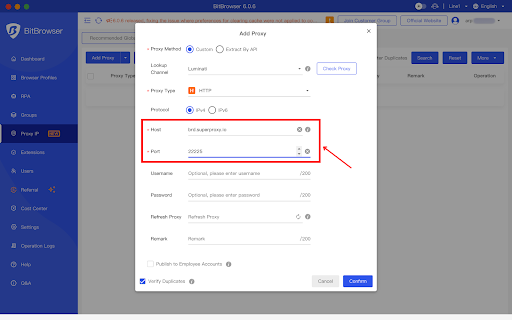 Add Proxy settings screen in BitBrowser application.