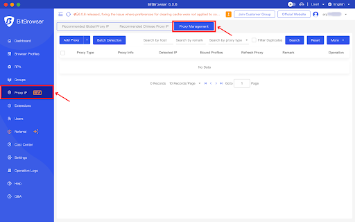 BitBrowser Proxy Management Settings Screen.