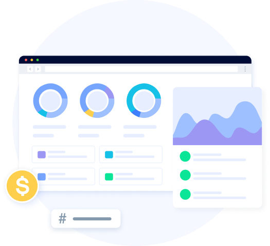 Dashboard with charts, graphs, and financial symbol.