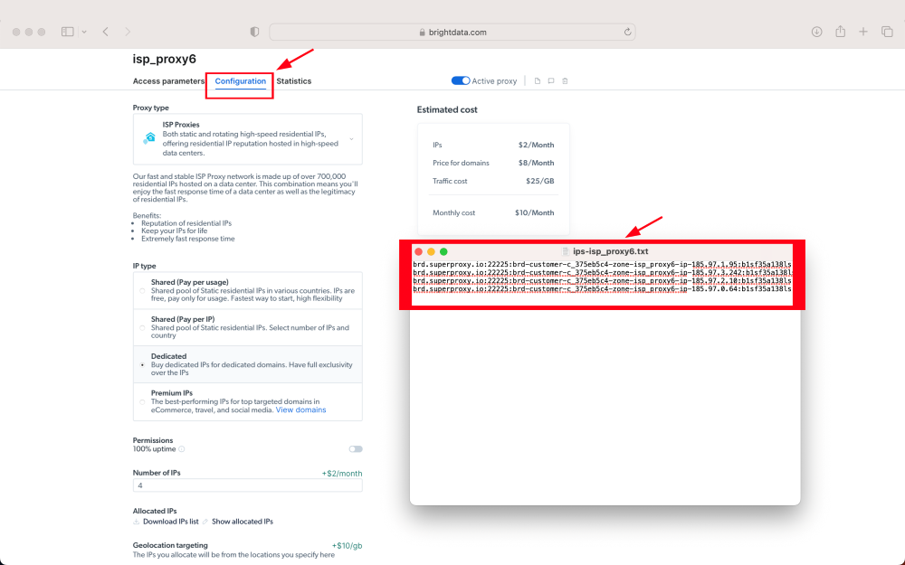 Browser window showing ISP proxy configuration on Bright Data.