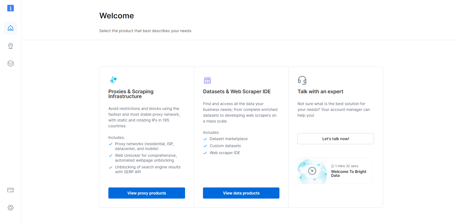 Bright Data's dashboard after login