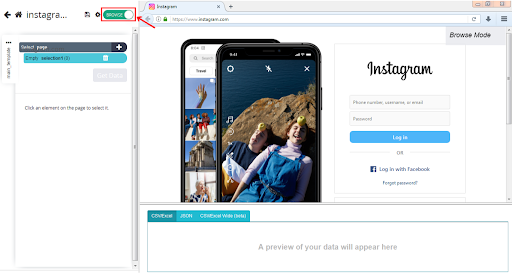Instagram login page with an image preview displayed.
