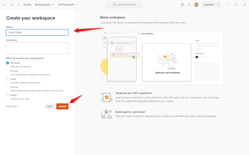 Creating a new workspace in Postman.