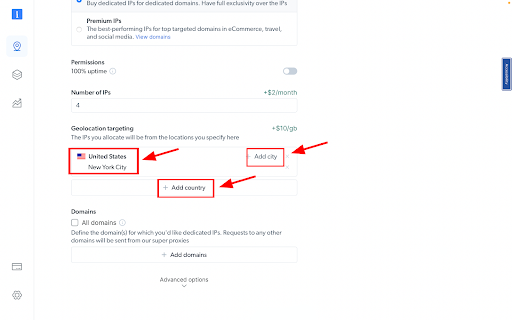 Settings for geolocation targeting, adding city and country.