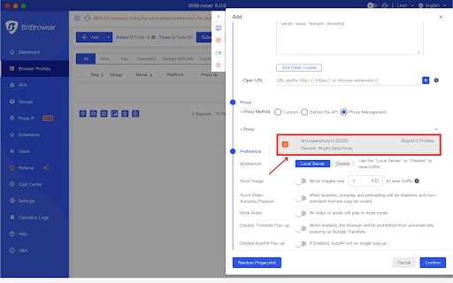 BitBrowser settings interface with proxy options highlighted.
