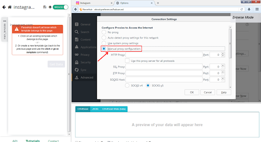 Configuring manual proxy settings in browser options.