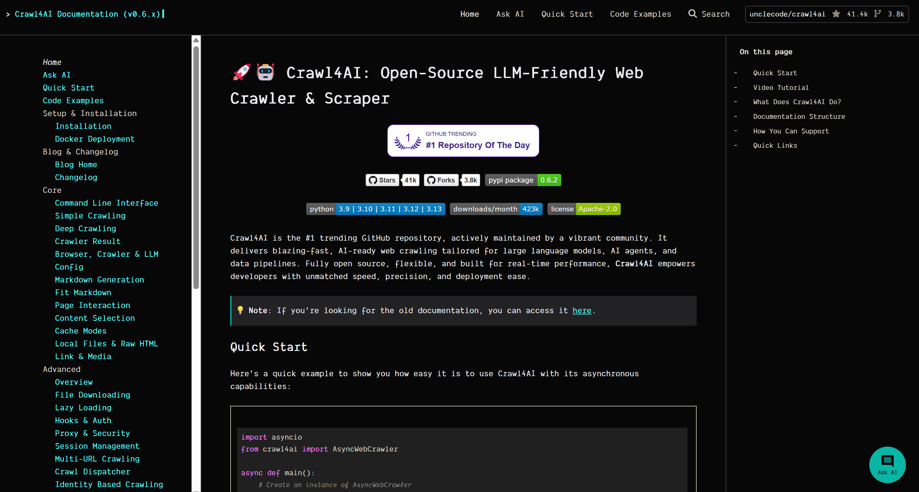 Screenshot of the Crawl4AI documentation webpage, featuring a dark-themed layout with a navigation menu on the left, highlighted sections including 'Quick Start' and 'Code Examples', a description of Crawl4AI's features, and a note about accessing old documentation.