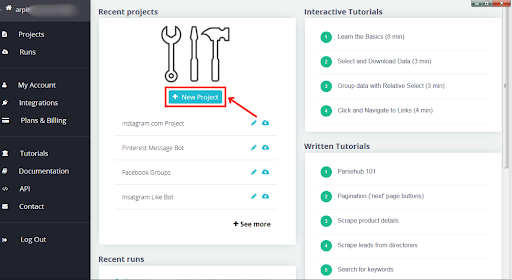 Dashboard with project creation and tutorials screen.