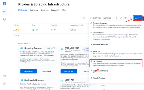 Website interface showing proxies and scraping infrastructure options.