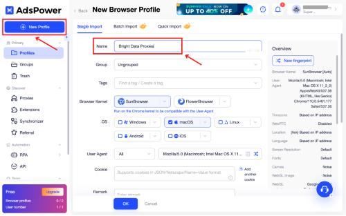 AdsPower profile creation interface with highlighted fields.