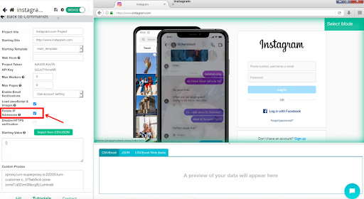 Instagram scraping tool interface for data extraction.