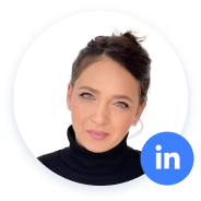 Woman with dark hair, black turtleneck, LinkedIn logo.