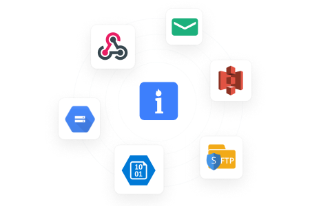 Central logo connected to seven surrounding service icons.