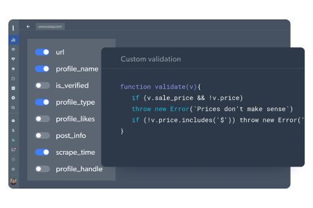 Code editor with validation script and toggle buttons.