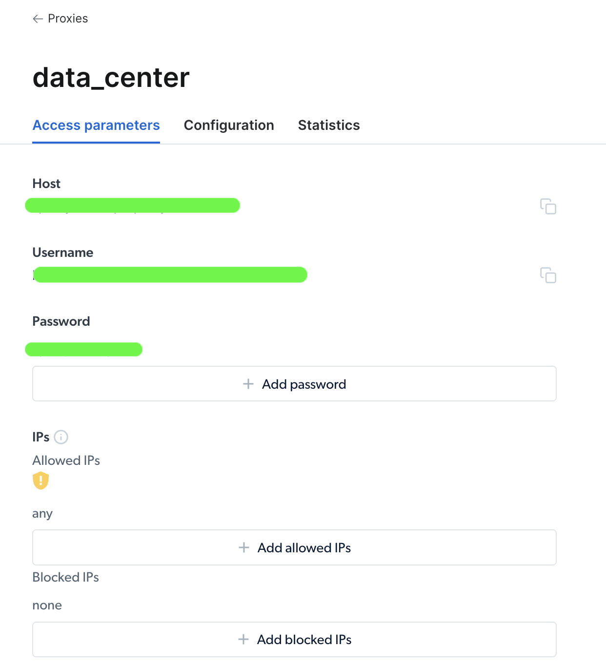 Datacenter Access Parameters screen for proxy configuration.