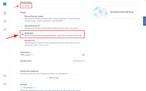 Settings page for purchasing dedicated IP addresses.