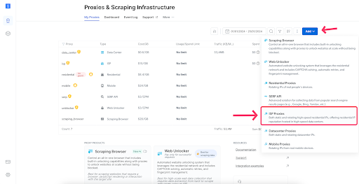 Proxies & Scraping Infrastructure interface with options highlighted.