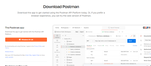 Download Postman page with app download and database interface.