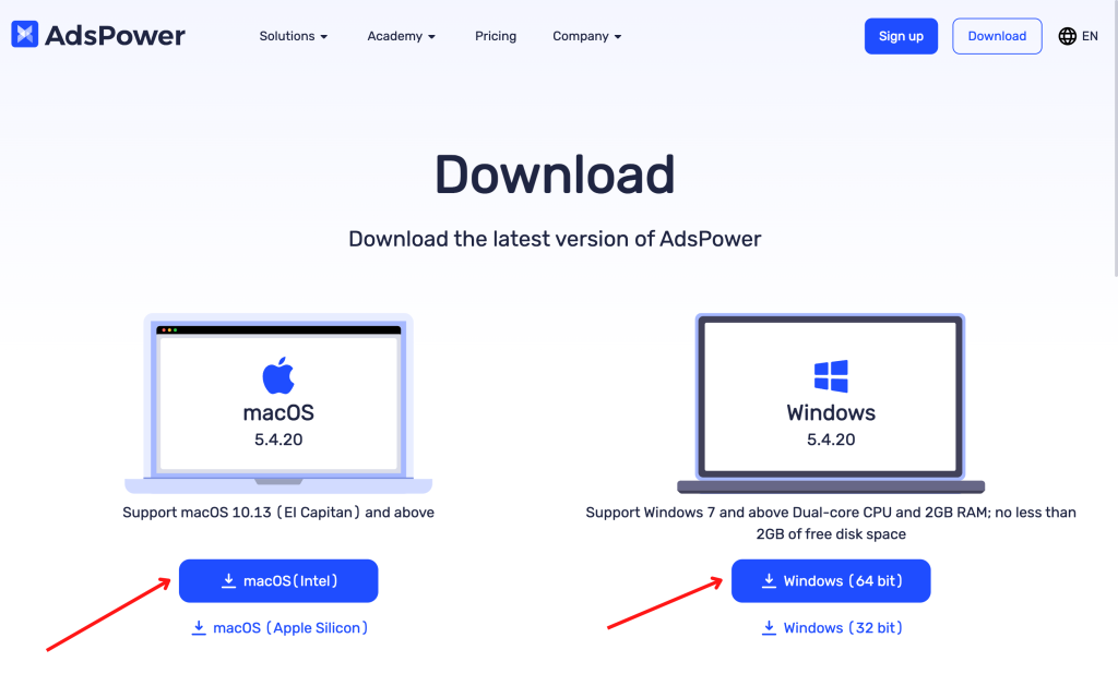 AdsPower download options for macOS and Windows.