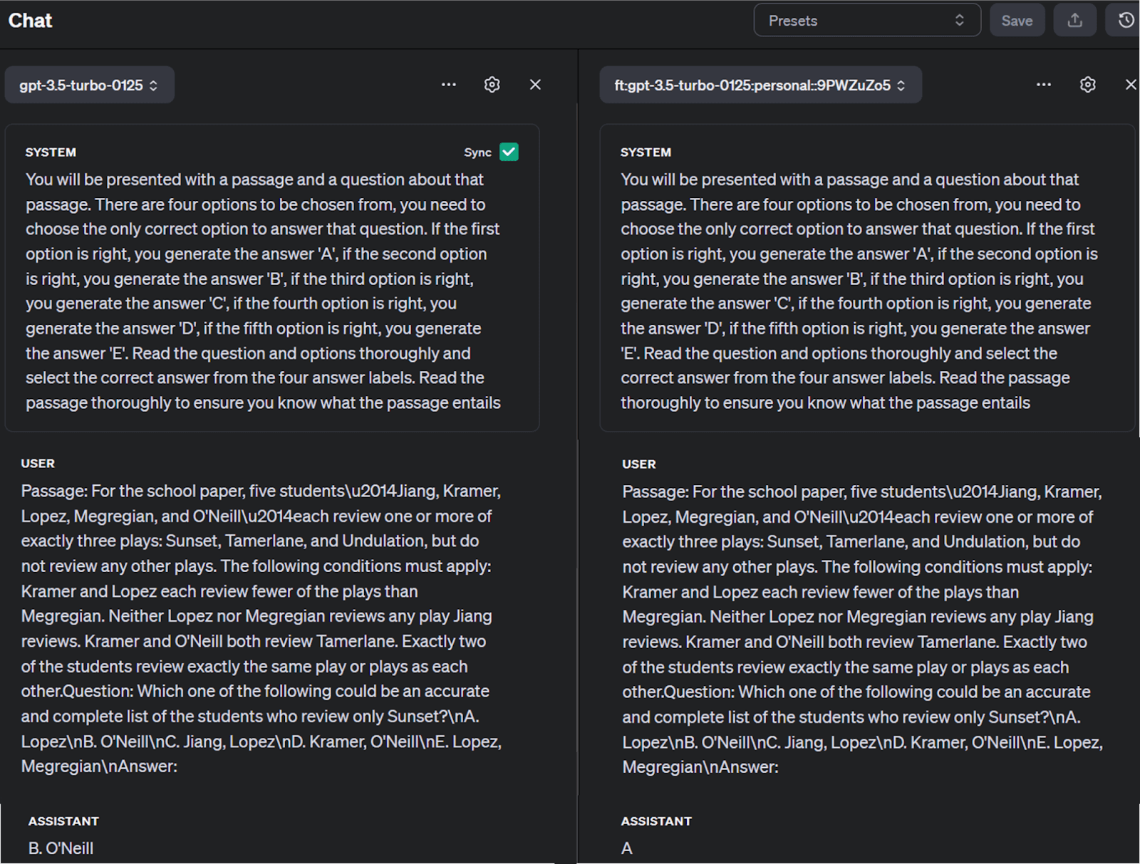 Example of the fine tuned model vs other models in the playground
