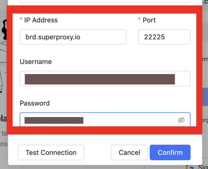 Proxy server input form showing IP address and port.