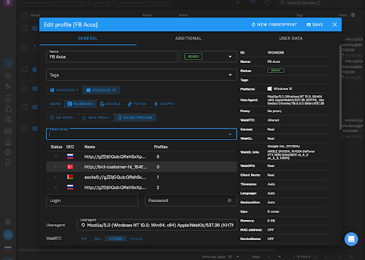 Browser profile manager with user data and preferences.