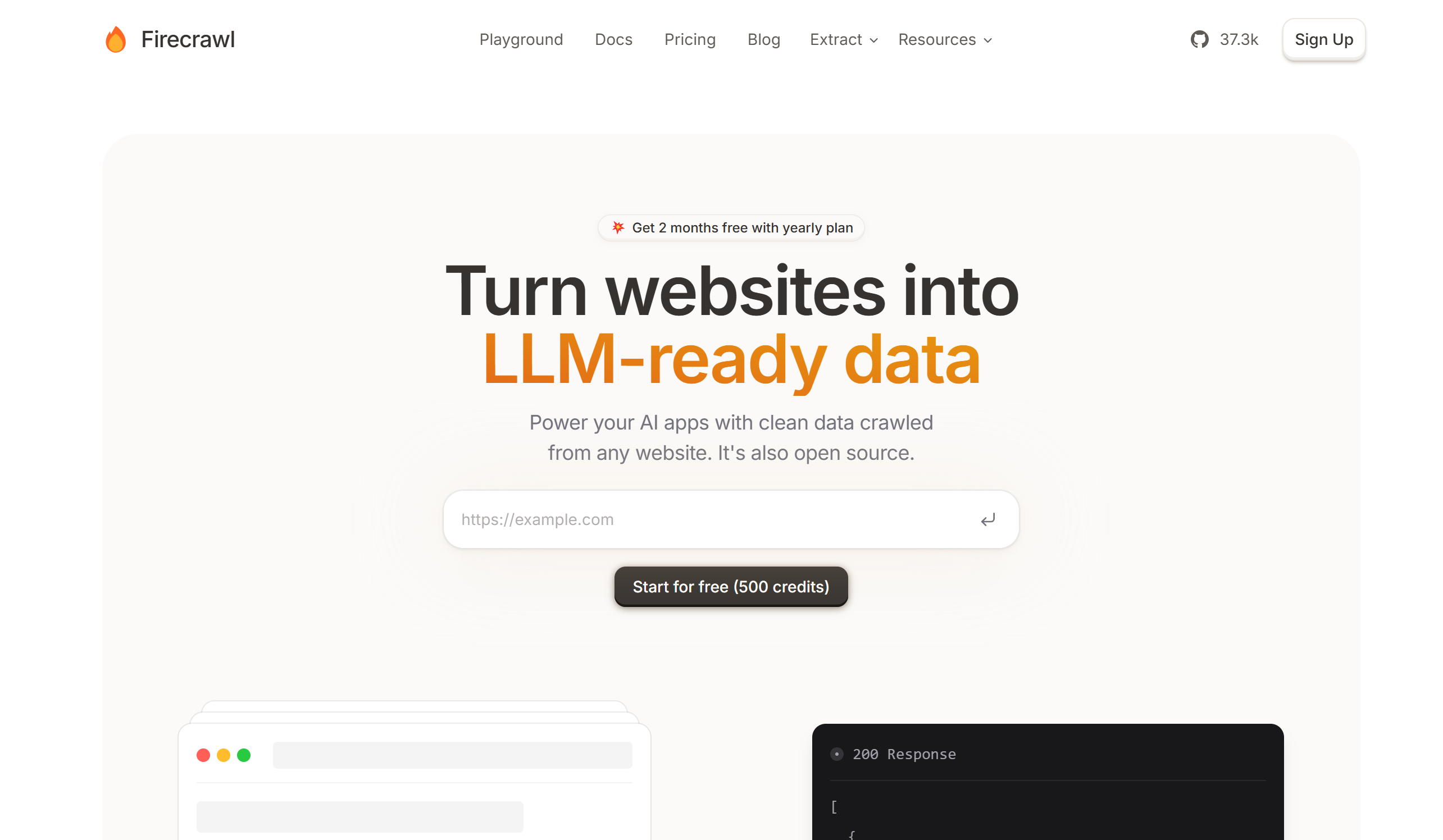 The homepage of Firecrawl, featuring a headline about turning websites into LLM-ready data, a text input field for URLs, a button to start for free, and a snippet displaying a code response. The design has a clean, modern aesthetic with a light background and orange accents.