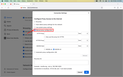 Firefox connection settings window with manual proxy configuration.