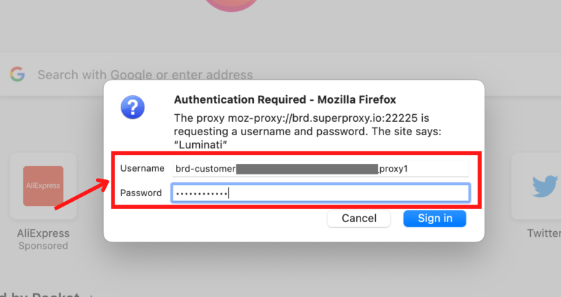 Authentication dialog for proxy requiring a username and password.