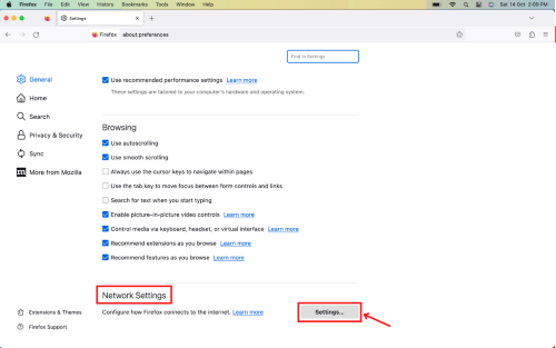 Firefox preferences menu with browsing and network settings.