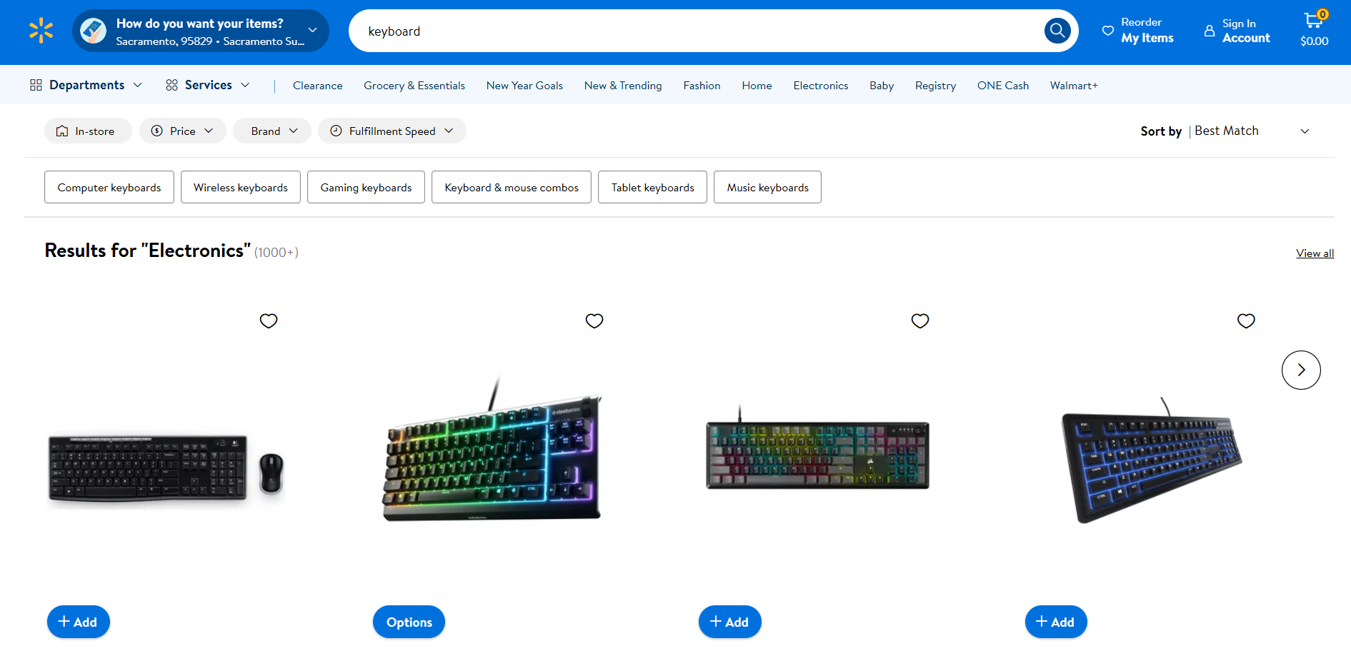 Walmart keyboard and electronics search results