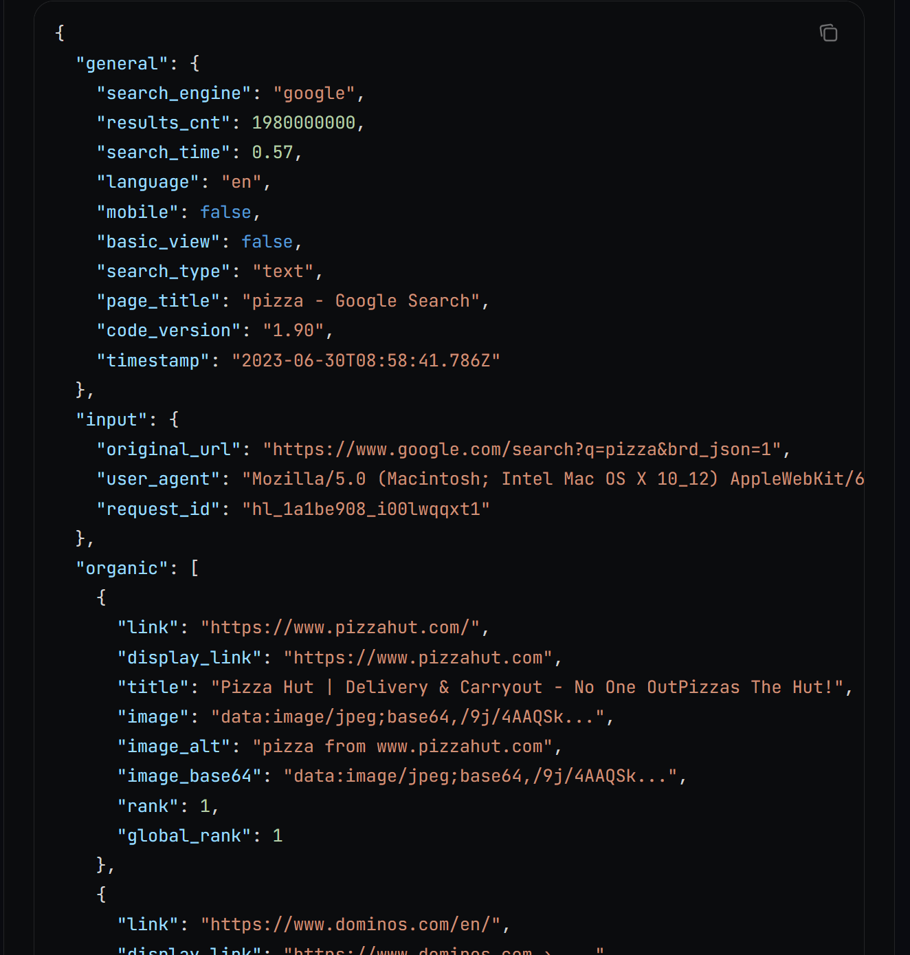 The parsed SERP results from the SERP API