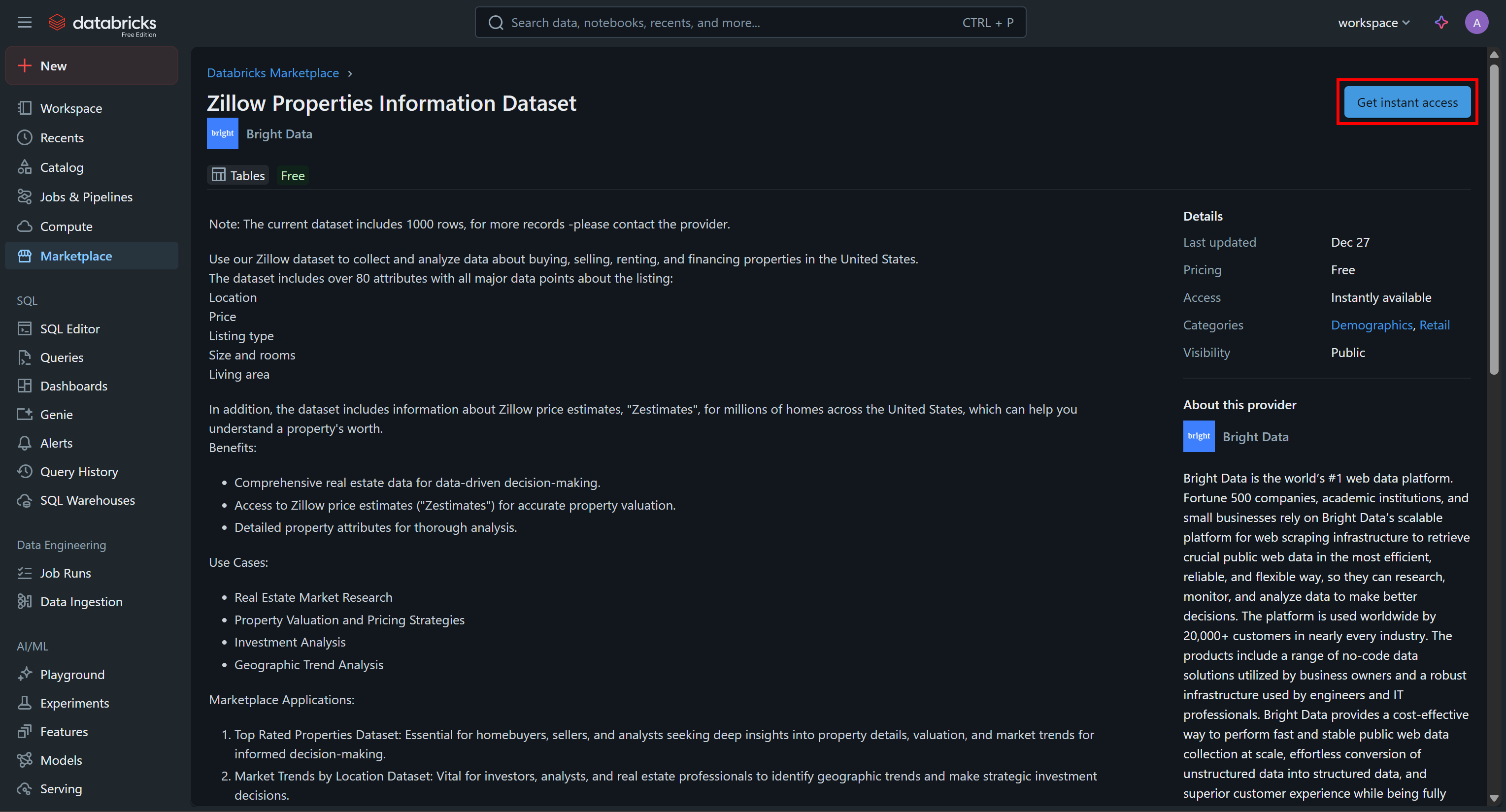 Pressing the “Get instant access” button