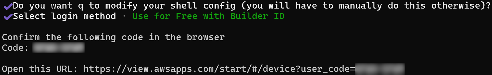 The questions asked by Amazon Q Developer CLI on installation